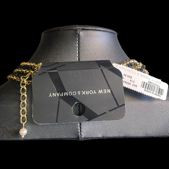 New York & Company Multi-Layer Faux Pearl & Chain Necklace Gold, Black, & Ivory - Picture 2 of 6